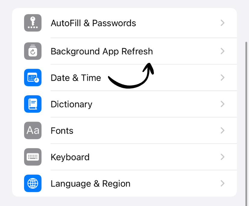Background App Refresh menu