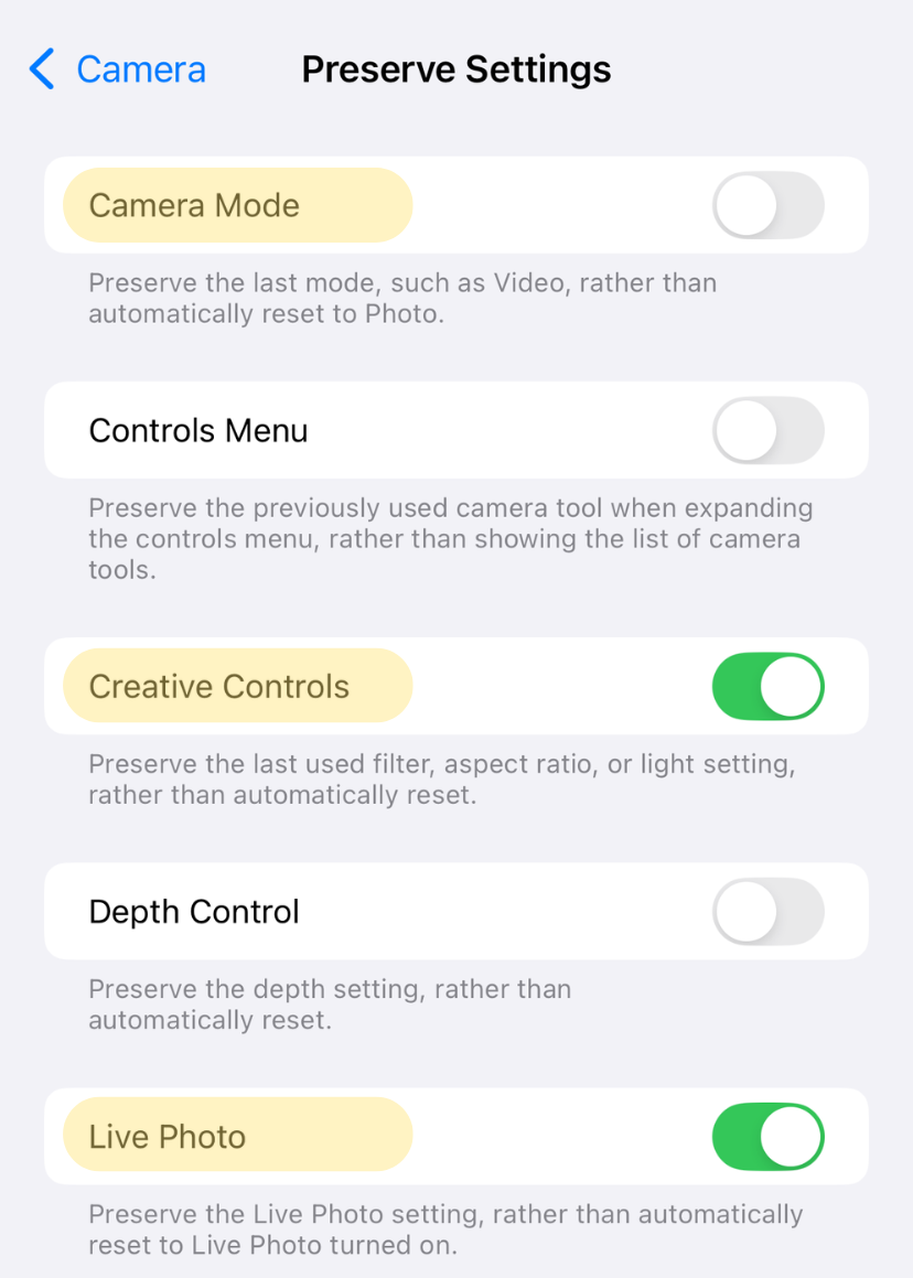 Preserve Camera Settings screen
