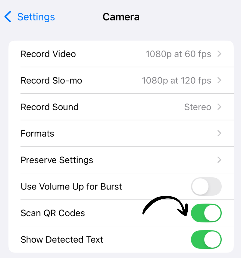 Scan QR Codes toggle