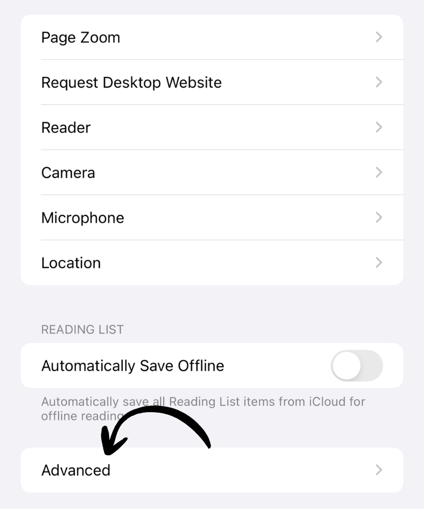 Advanced and Website Data screen