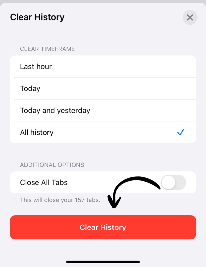 Confirm clear history popup