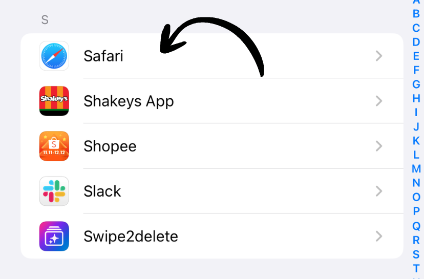 Safari in Settings list