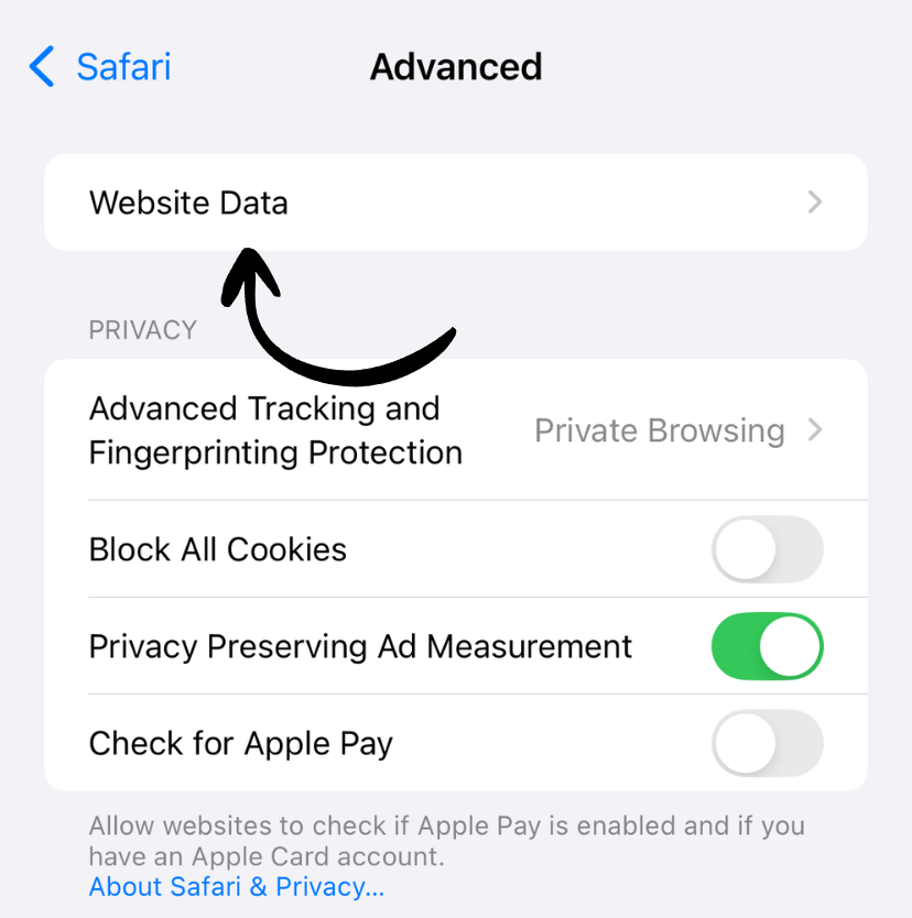 Advanced and Website Data screen