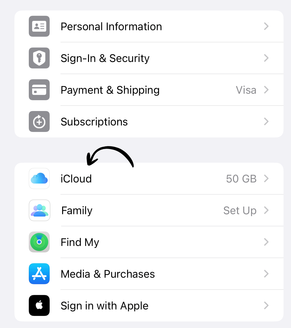 iCloud settings screen