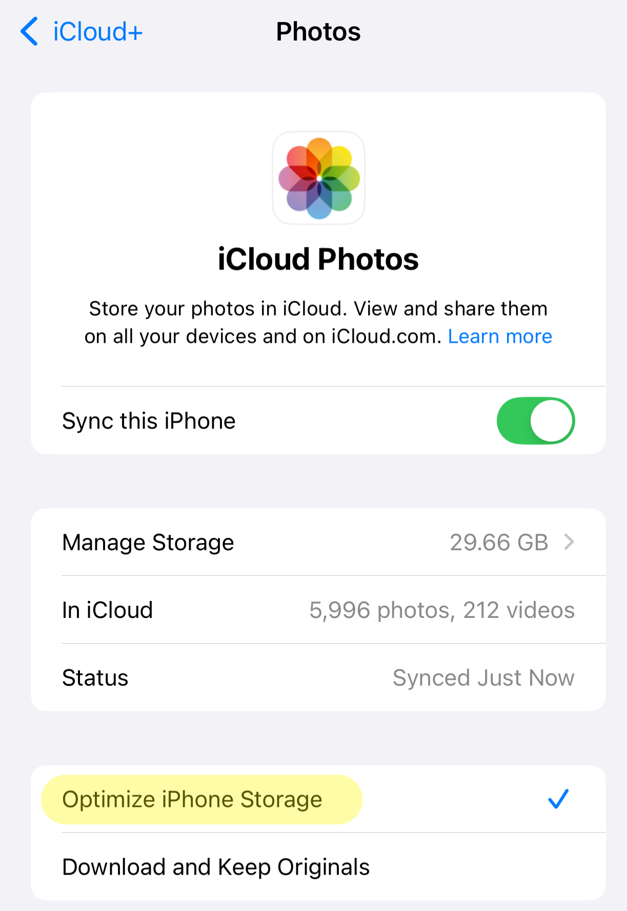 Optimize iPhone Storage toggle