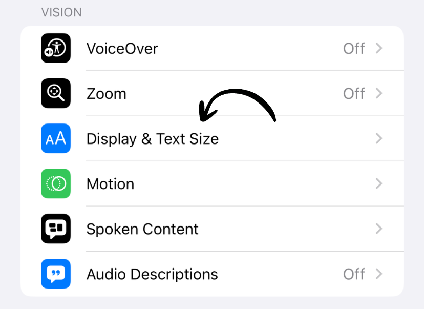 Display and Text Size screen
