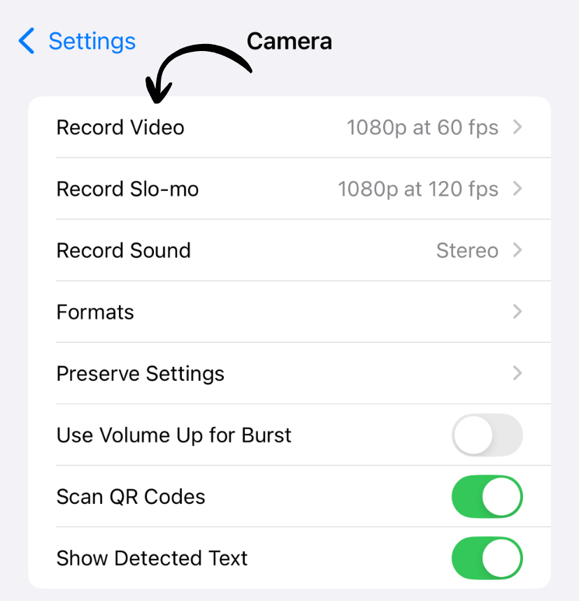 Record Video settings screen